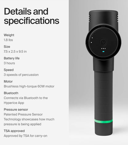 Hypervolt 2 details and specifications: weight, size, 3-hour battery, 3 speeds, Bluetooth